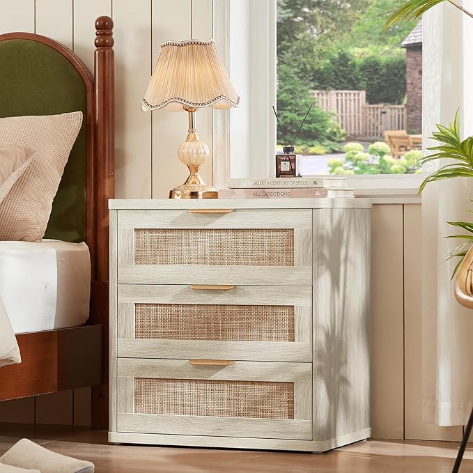 LEYAOYAO Rattan Dresser and Nightstand Set of 2, Boho Wood Dresser for Bedroom with 6 Drawers and Night Stand with 3 Drawer, Bedroom Furniture, Dressers & Chests of Drawers, Living Room, Hallway