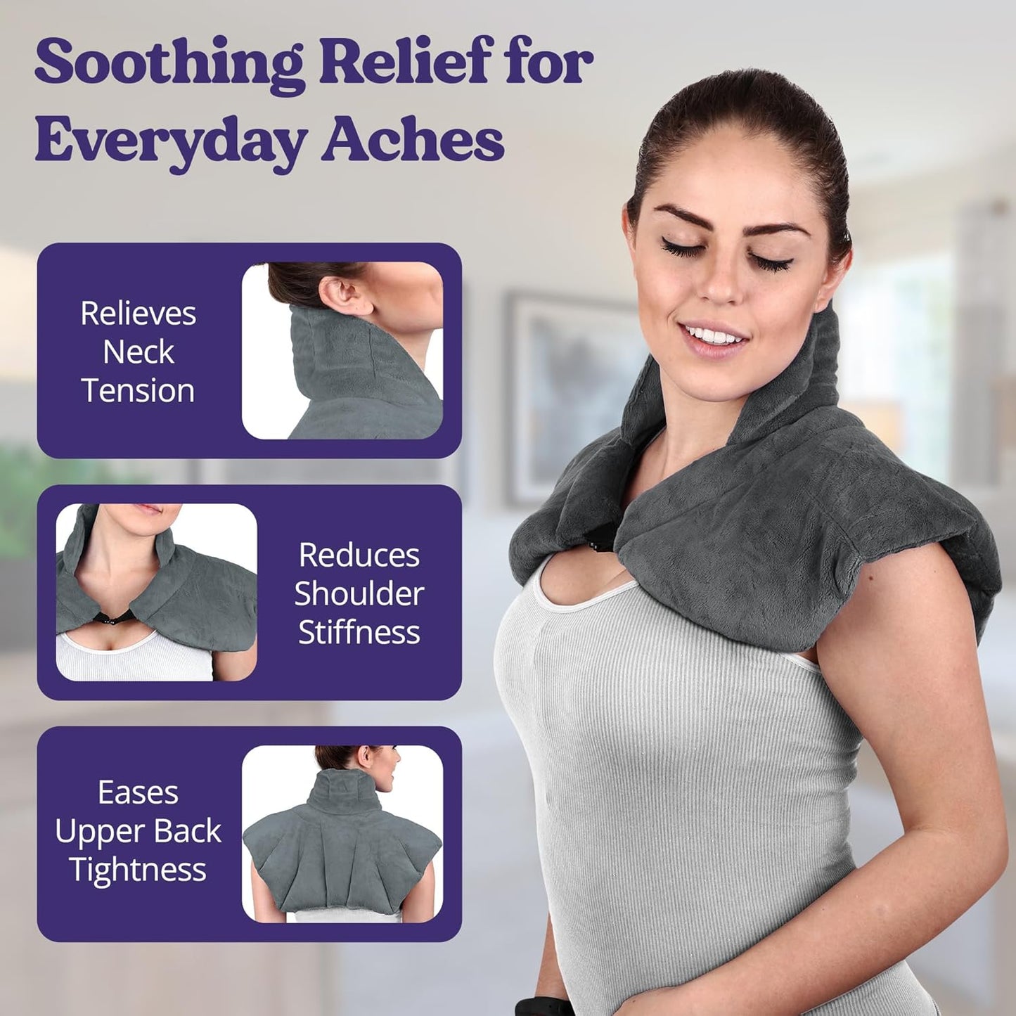 Microwavable Heating Pad for Neck, Shoulders, and Back by Joy & Grace | 5 Lb Weighted Neck & Shoulder Wrap | Moist Heat Therapy Pack for Relaxation and Comfort | Soft Micro-Mink Cover | Unscented Gray