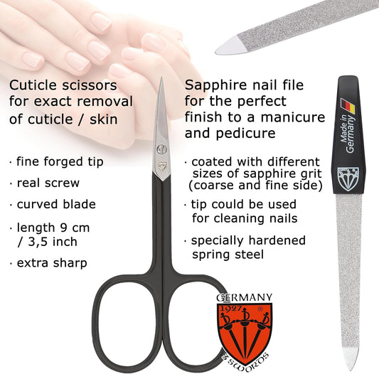 3 Swords Germany - Brand Quality 6 Piece Manicure Pedicure Grooming kit Set - Scissors, Metal and Glass Nail File, Clipper, Tweezers with Synthetic Leather case - White/Black Tools