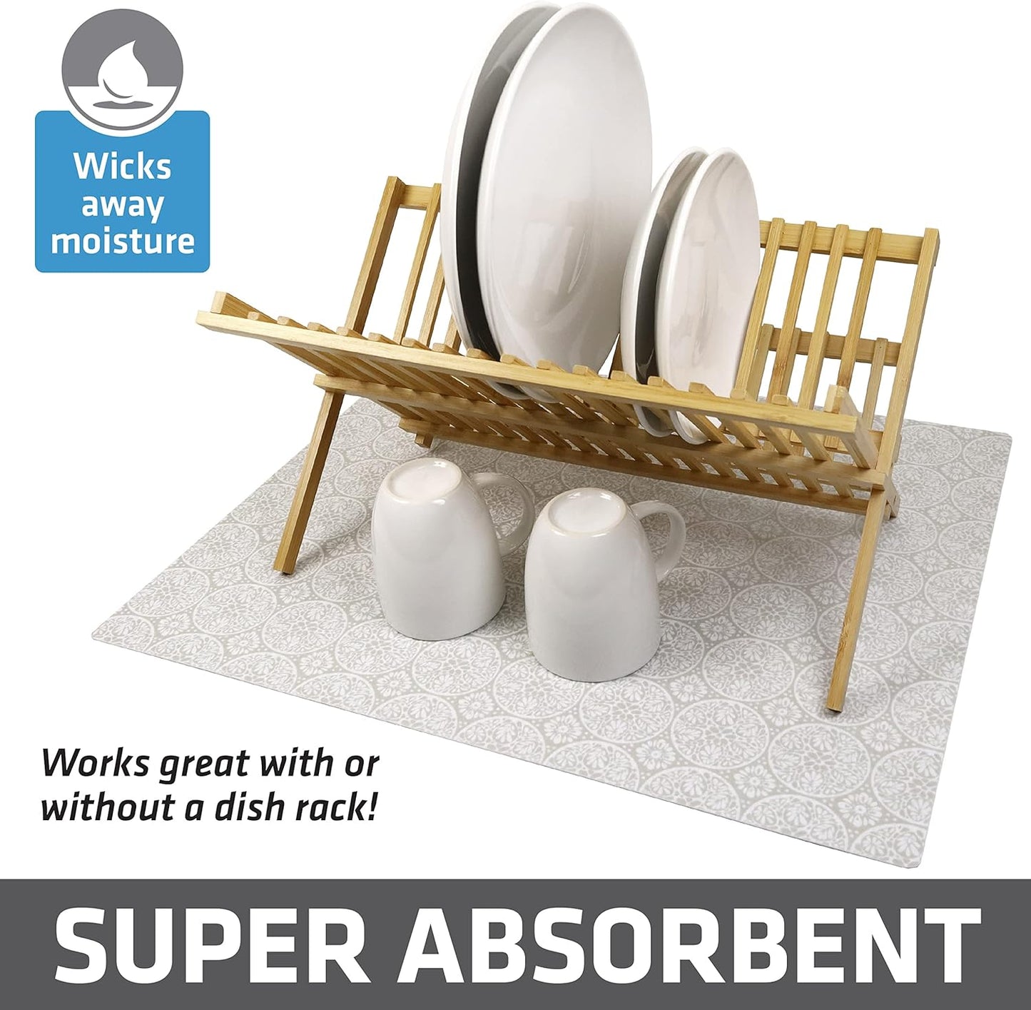 Drymate XL Dish Drying Mat, Oversized (19”x24”), Low-Profile, Super Absorbent, Quick Dry Fabric, Waterproof & Slip-Resistant, for Kitchen Counter, Trimmable, Easy to Clean (USA Made)(Tan)