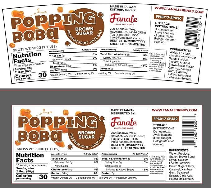 Fanale Brown sugar Popping Boba Pearls, Vegan, Non GMO, Gluten Free, Fat Free, Perfect for Bubble Tea, Smoothies, Ice Cream, Desserts, and Beverages