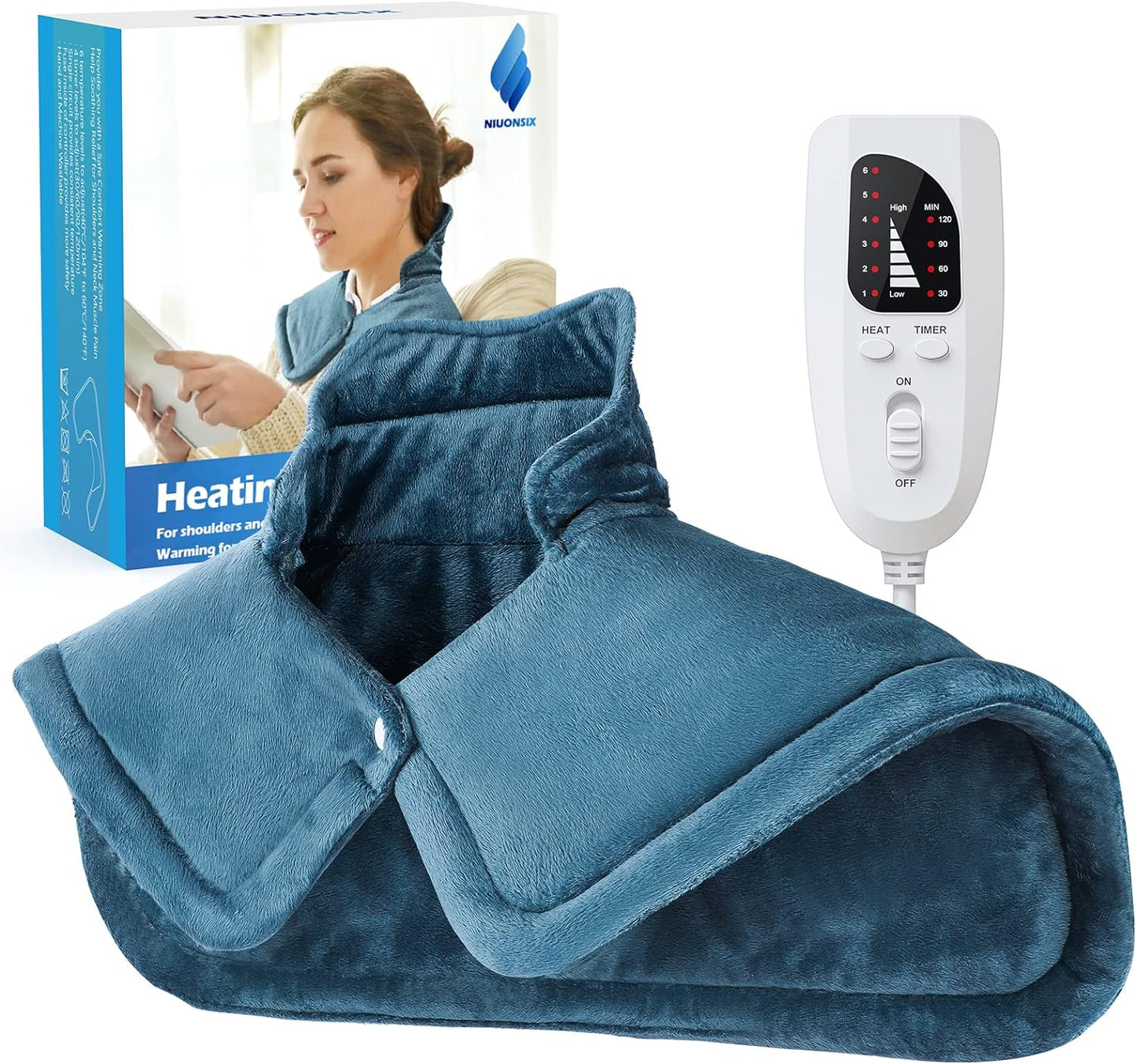 NIUONSIX Heating Pad for Neck and Shoulders and Back, Birthday Gifts for Women Mom Wife Men Dad, Weighted Electric Heated Wrap for Pain Relief and Daily Relax, 6 Heat Settings 4 Timers Auto Off, Blue