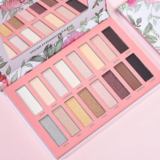 Vegan Eyeshadow Palette High Pigmented Brown Eyeshadow Palette Easy to Blend Color Fusion 16 Shades Metallic and Shimmer Nude Eyeshadow Palette Long Lasting Sweatproof and Waterproof