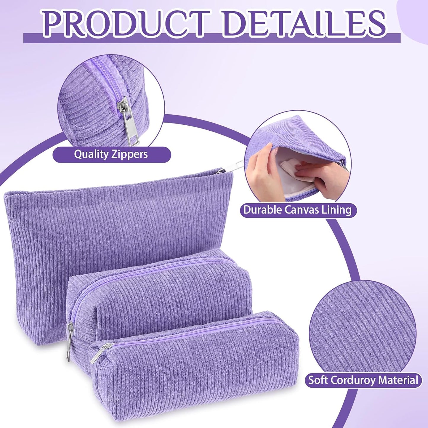 3 Pcs Makeup Bag Set for Women Corduroy Cosmetic Pouch Aesthetic Smile Travel Toiletry Bag Cute Purse Pouch Pencil Case Makeup Brushes Storage Organizer for Christmas(Purple,Solid Style)