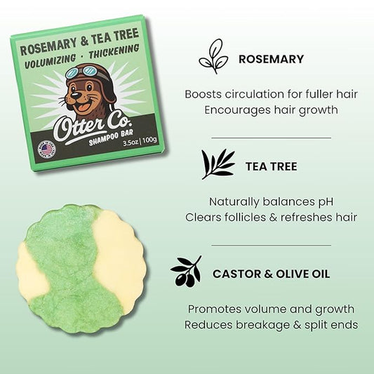 Otter co. Tea Tree and Rosemary Volumizing and Thickening Shampoo Bar - Olive Oil, Green Tea, Nettle, Zinc – Vegan, Sulfate Free & Non Toxic – Women and Mens Shampoo, All Hair Types, Made in USA