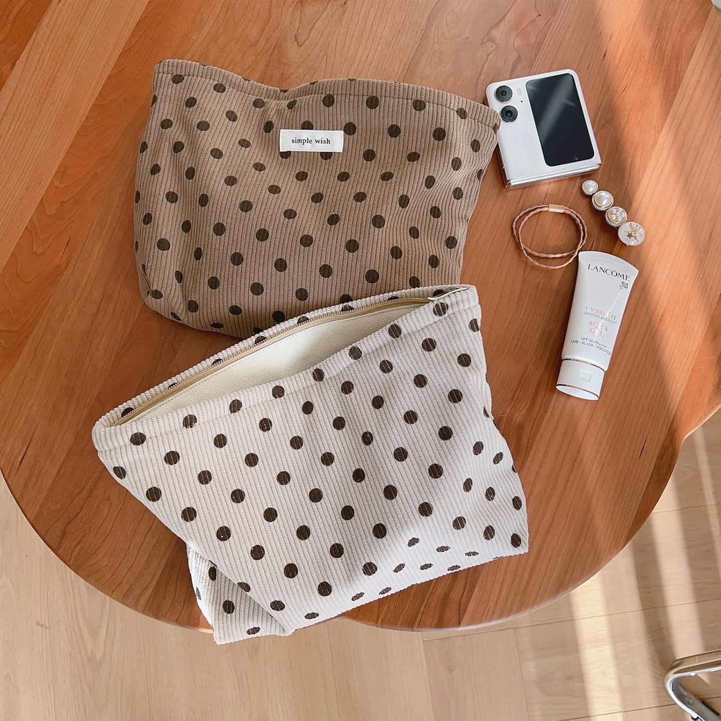 Wudygirl Travel Makeup Bag Cute Cosmetic Bag Large Capacity Makeup Pouch Make Up Organizer for Women and Girls Portable Toiletry Bag Corduroy Zipper Pouch (Brown Polka Dots)