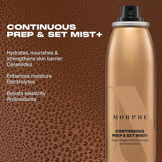 Morphe Mini Continuous Prep & Set Setting Spray - Travel Size Setting Spray for Makeup - Micro-Fine Face Mist Enriched with Ceramides to Help Hydrate, Nourish & Strengthen Skin Barrier (1.3 oz)