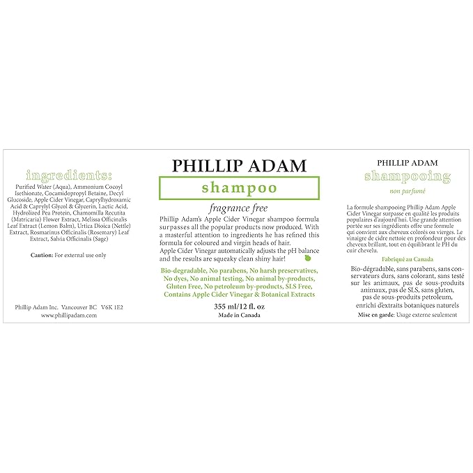 Phillip Adam Fragrance Free Shampoo and Conditioner Set with Apple Cider Vinegar - pH Balancing - Enhance Shine and Smoothness- 12 Ounce Each