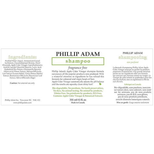 Phillip Adam Fragrance Free Shampoo and Conditioner Set with Apple Cider Vinegar - pH Balancing - Enhance Shine and Smoothness- 12 Ounce Each