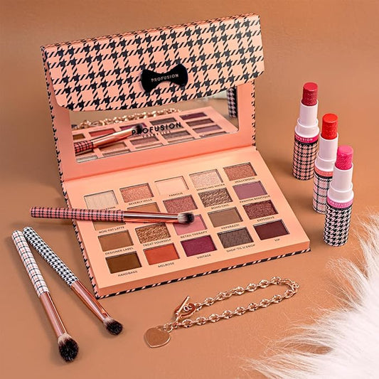 Profusion Cosmetics Beverly Hills PR Box, Includes Beauty Clutch 20 Shade Palette with Mirror, 3 Pc Eyeshadow Brush Set, and Lip Balm Trio to Enhance Your Beauty Routine