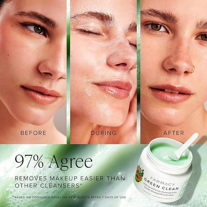 Farmacy Makeup Remover Cleansing Balm - Green Clean Waterproof Makeup Remover + Oil Based Cleanser - Gentle Exfoliating Double Cleanser - Melts From Balm to Milky Lather (50ml)