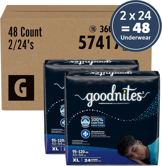 Goodnites Boys' Nighttime Bedwetting Underwear, Size Extra Large (95-120 lbs), 48 Ct (2 Packs of 24), Packaging May Vary