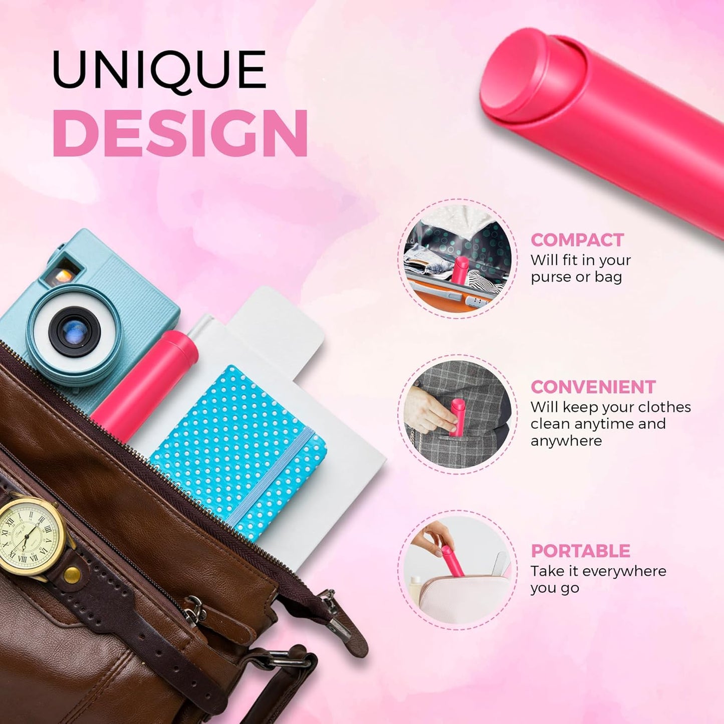 Portable Lint Roller with 100 Sticky Sheets, Mini Pet Hair Remover, Lint Roller for Cats, Dogs, Kids - Travel Roller for Clothes Backpack School - Small Retractable Fits in Pocket (Pink)