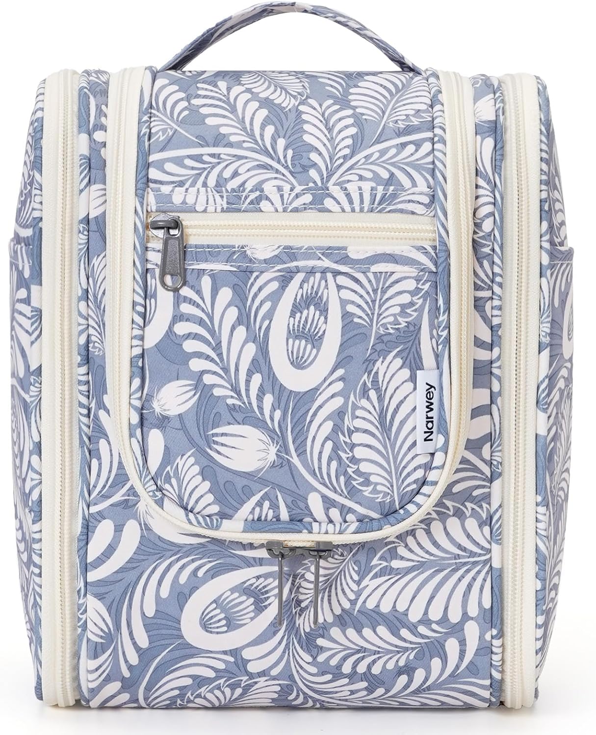 Narwey Small Hanging Toiletry Bag Women Travel Makeup Bag Organizer Toiletries Bag for Travel Size Essentials Accessories Cosmetics (Medium, Blue Leaf)