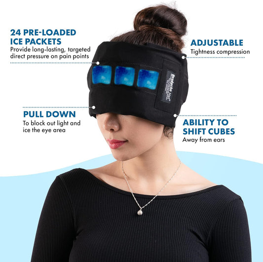 Headache Hat Halo - Migraine Relief Cap Long Lasting Cooling Ice Pack Mask - Cold Compress Head Wrap for Tension, Stress & Hangover Natural Cooling Therapy