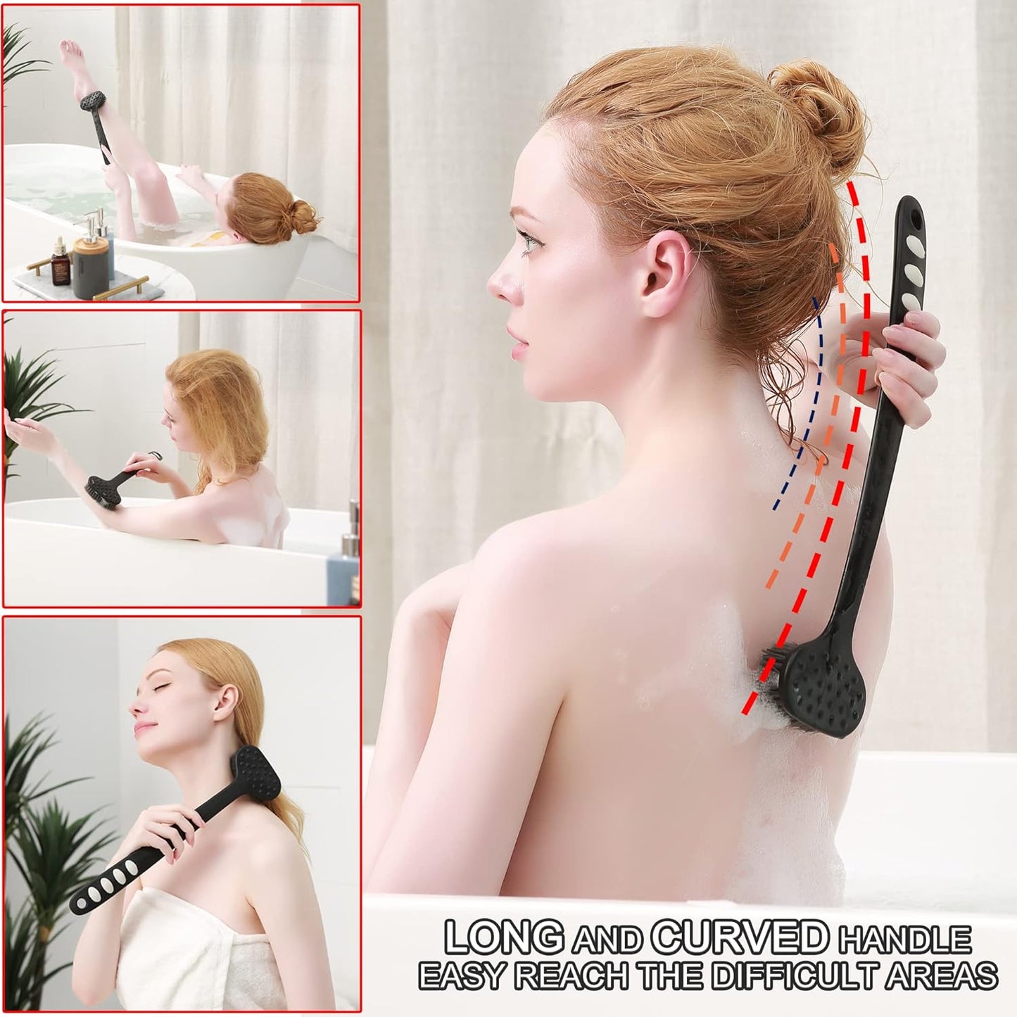 Bath Body Brush with Soft Bristles,Non-Slip Handle Built-in TPR Enhance Grip,15 in Long Handle Gentle Exfoliation Improve Skin's Health and Beauty for Women Men Shower Brushing (Black)