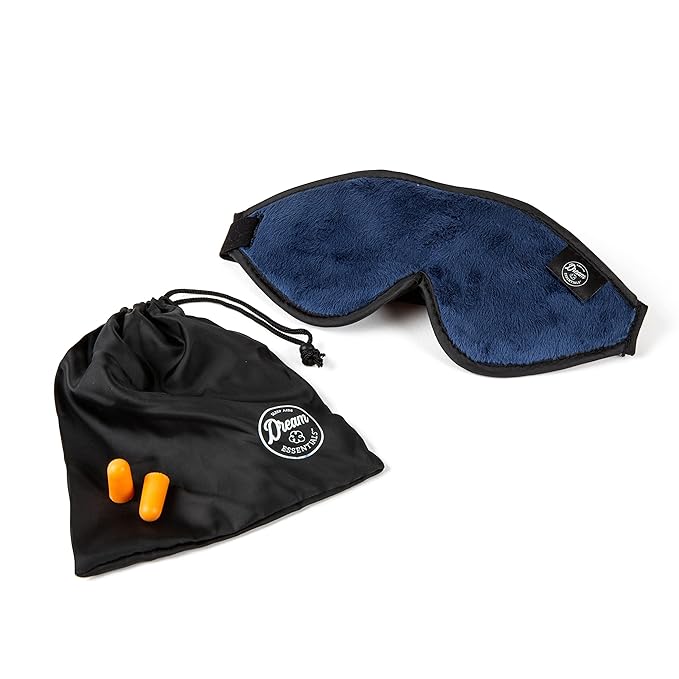 Dream Essentials, Escape 3D Sleep Mask, Earplugs, Carry Pouch Set, Molded Eye Shade, Men and Women, Contoured, Nose Bridge, Light Block, Memory Foam, Gift Set, Travel, Yoga, Blindfold, Navy Blue