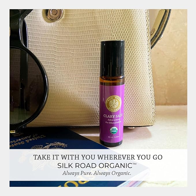 Silk Road Organic Clary Sage Essential Oil Roll On, 100% Pure USDA Certified Aromatherapy for PMS, Stress & Mental Clarity - 10 ml Roller - Always Pure, Always Organic