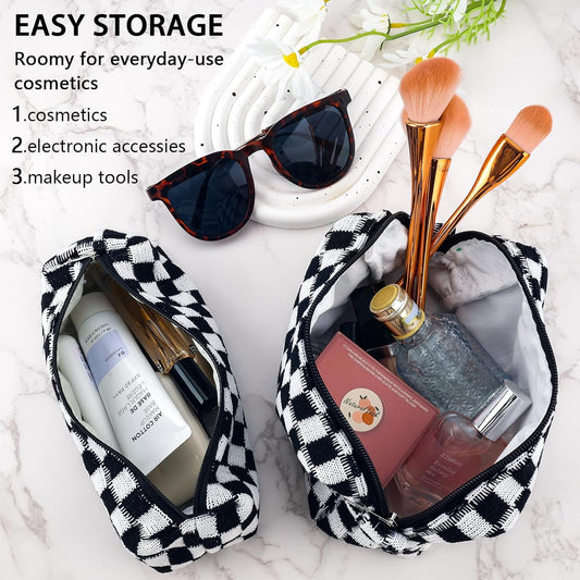 2Pcs Checkered Pencil Case Cute Pencil Pouch for Teens Checkered Makeup Bag Travel Cosmetic Bag Set Cute Makeup Pouch for Purse Portable Zippered Skincare Bags Preppy Toiletry Bags Organizer(Black)
