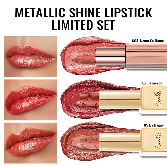Oulac Metallic Orange Lipstick Set 3PCS, Comfortable Creamy Texture, Smooth No Grainy Feeling, Vegan & Gluten Free, Full-Coverage Lip Makeup, 3 X 4.3 g, 605+02+05