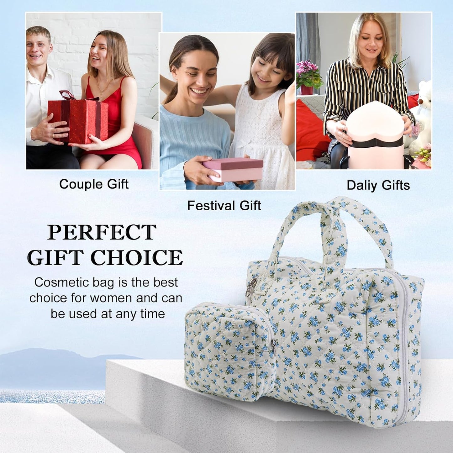 Cute Quilted Floral Makeup Bag(2Pcs)，Coquette Aesthetic Cosmetic Bag，Travel Toiletry Bags， Kawaii Aesthetic pouch for Women (13-Blue)