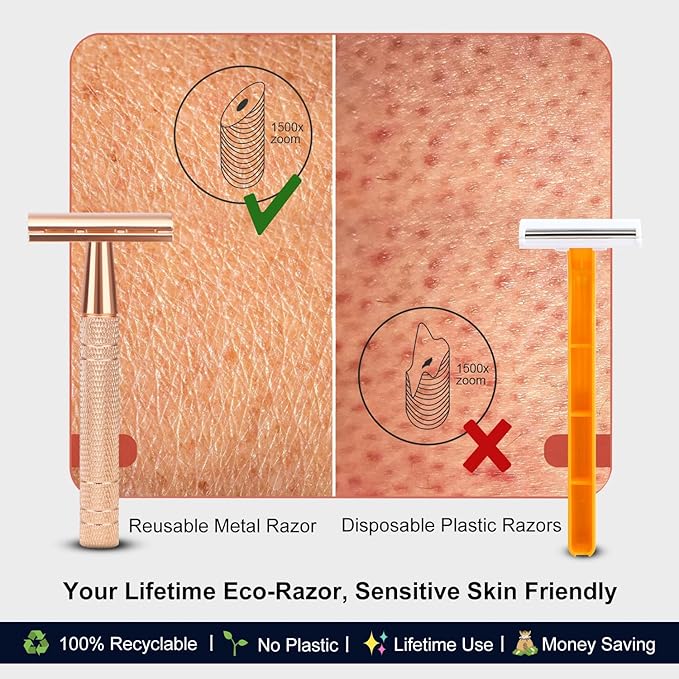 Matte Rose Gold Safety Razor, Single Blade Razors for Women, Reusable Metal Razor, with 10 Stainless Steel Double Edge Blades, Eco-friendly, Smooth & Close Shave, Plastic Free