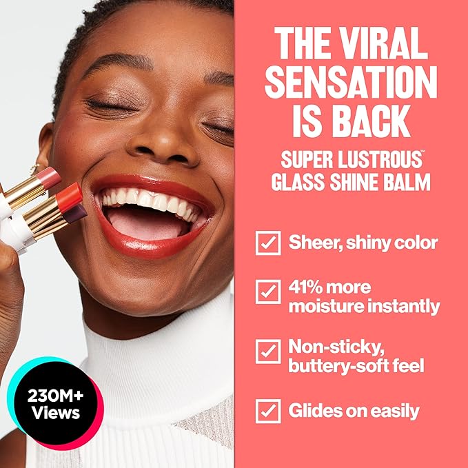 REVLON Super Lustrous Glass Shine Balm, Hydrating Tinted Lipstick, Sheer, Glossy Shiny Finish, 009 Cherry Luster, 0.11 oz
