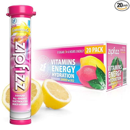 Zipfizz Daily Energy Drink Powder, Pink Lemonade, 20 Pack | 3-in-1 Sustained Energy, Rapid Hydration, and Essential Vitamins | Sugar-Free | Electrolyte Powder | Contains Vitamin B-12 & Antioxidants