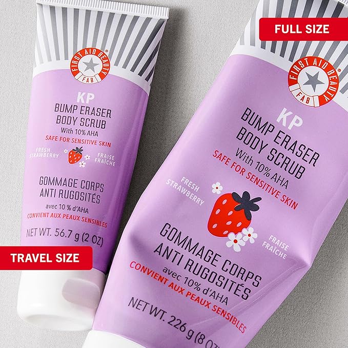 First Aid Beauty - KP Bump Eraser Body Scrub with 10% AHA, Keratosis Pilaris Exfoliator with Glycolic and Lactic acids, Helps Reduce Chicken Skin Bumps, Safe for Sensitive Skin, Strawberry Scent, 8 oz