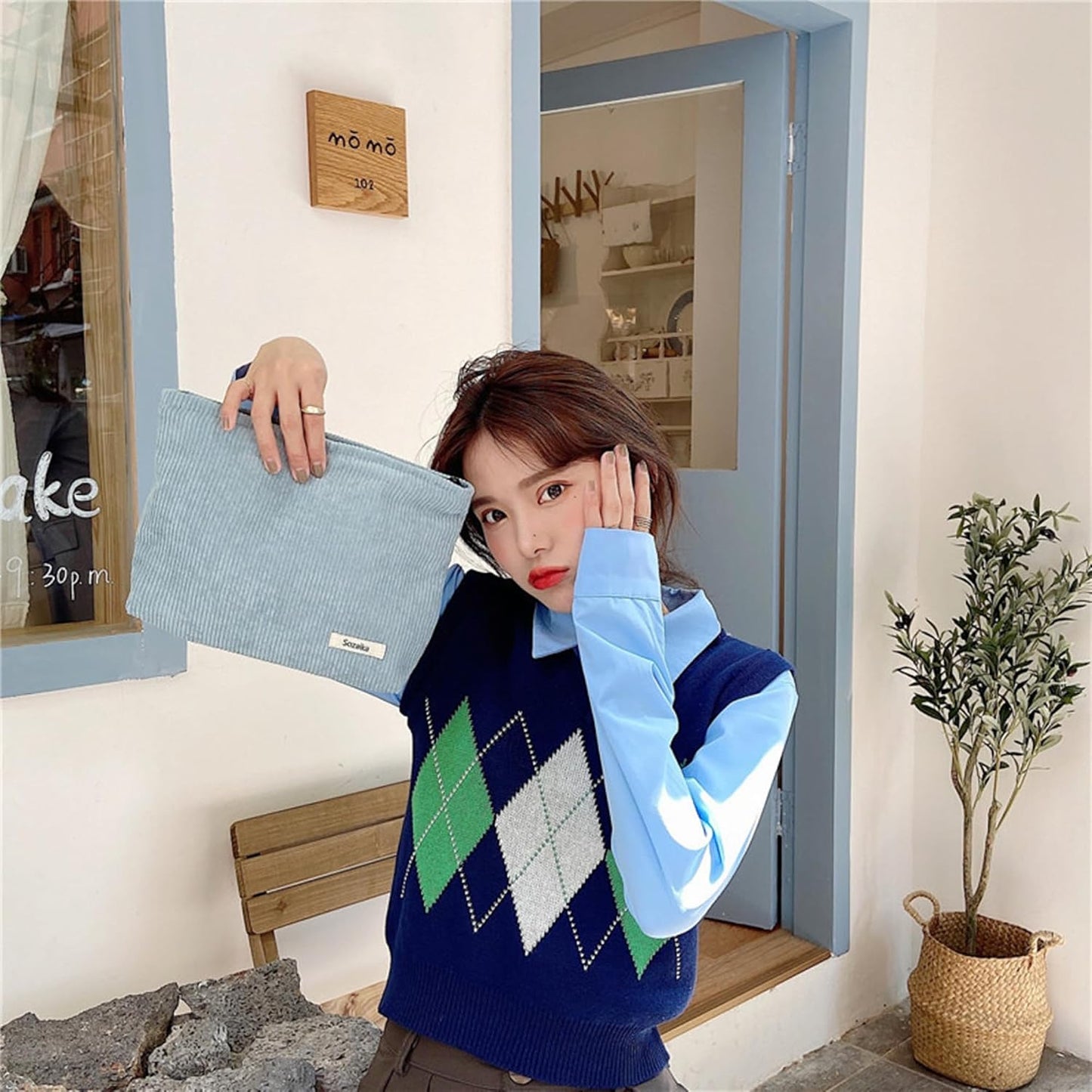 Cosmetic Bags for Women - Corduroy Cosmetic Bag Aesthetic Women Handbags Purses Smile Dots Makeup Organizer Storage Makeup Bag Girls Case Bags (Pure Light blue)