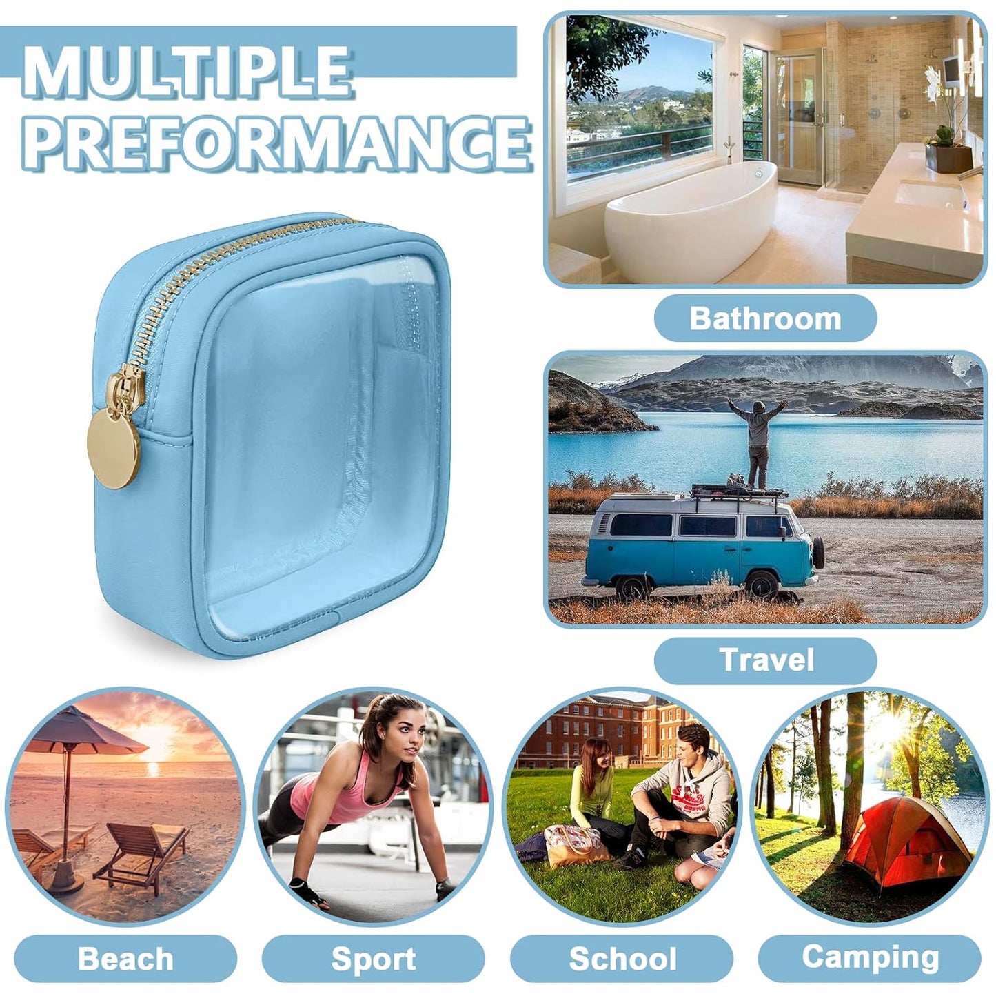 Clear Mini Makeup Bag for Purse, Small Nylon&PVC Cosmetic Travel Bag TSA Approved Toiletry Bag with Zipper, Preppy Transparent Makeup Travel Bag Coin Purse for Women Men Girls(Mini-Blue)