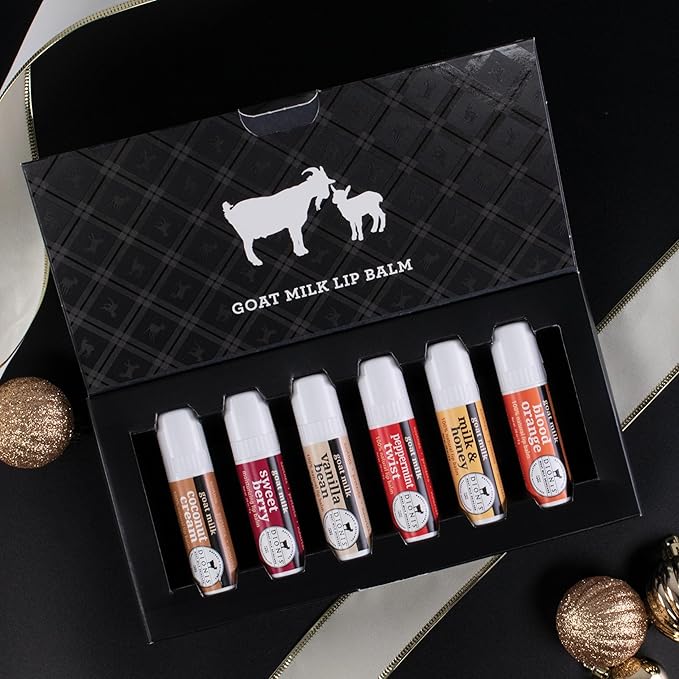 Dionis Goat Milk Lip Balm Deluxe Gift Box Set of 6 Vanilla, Coconut, Milk & Honey, Berry, Peppermint & Blood Orange Scented Chapstick - Shea Butter & Coconut Oil Gifts For Her, Protect & Restore Lips