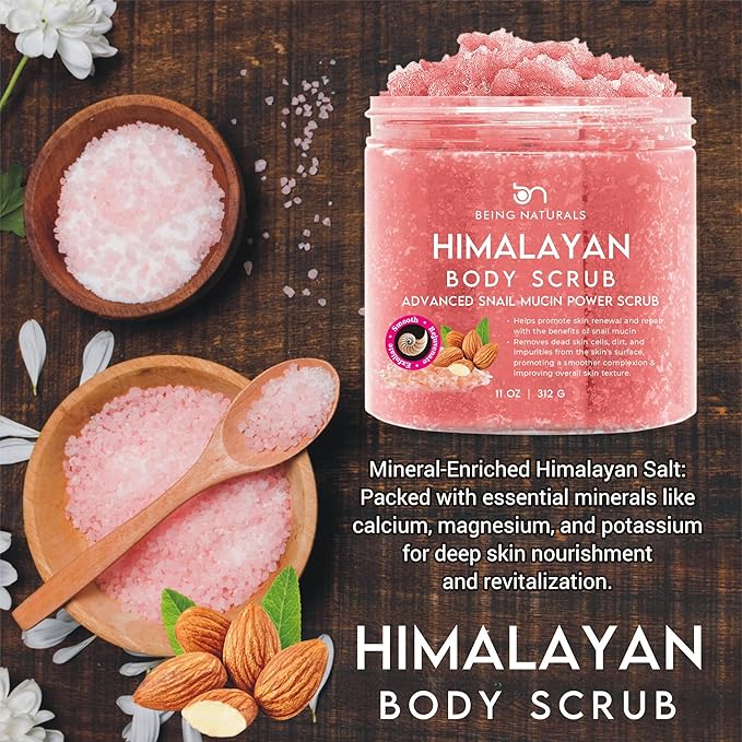 Natural Himalayan Salt Body Scrub - with Lychee Oil and Snail Mucin, Exfoliating Salt Scrub to Exfoliate & Moisturize Skin, Deep Cleansing - 11 oz