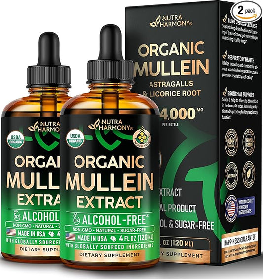 Mullein Drops for Lungs - USDA Organic Liquid - Mullein Leaf Extract Supplement - Made in USA - Lung & Bronchial Cleanse for Smokers - Respiratory Health Support - As Tincture, Tea, Pills - Pack of 2