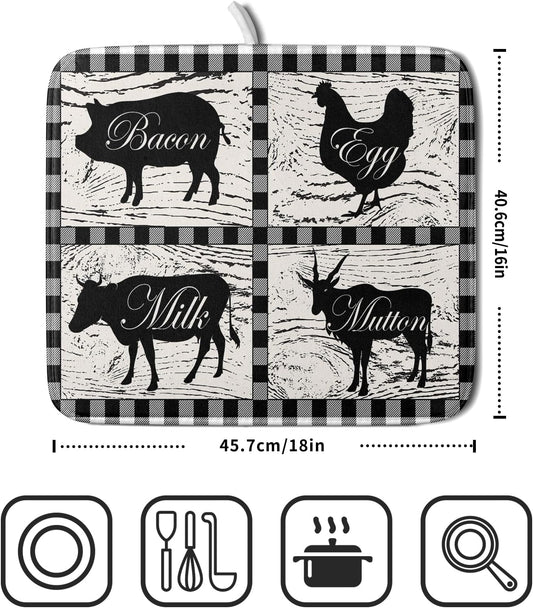 Farmhouse Animal Dish Drying Mat Buffalo Plaid Drainer Rack Mats Fast Dry Absorbent Kitchen Countertop Protector Dishes Pad 16x18 Inch
