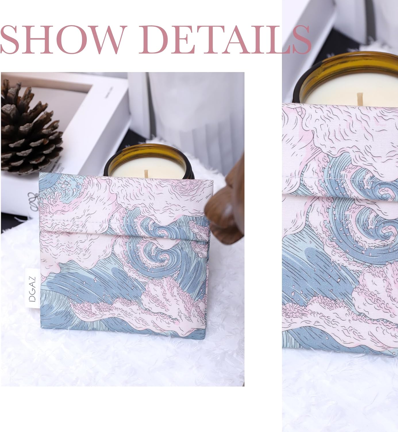 DGAZ Sanitary Napkin Storage Bag, Period Bag for Teen Aged Girls, Portable Period Bag for Panty Liners/Menstrual Cup/Small Tampons，Mini Makeup Bag for Purse(Sea and Waves)