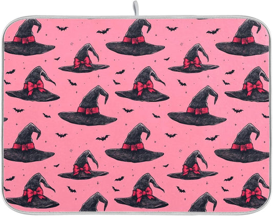 Witch Bow Hot Pink Dish Drying Mat for Kitchen Countertop 16x18 Halloween Bowknot Bat Small Drying Mat Reusable Quick Dry Dish Sink Mats Easy Clean Decorative Essentials