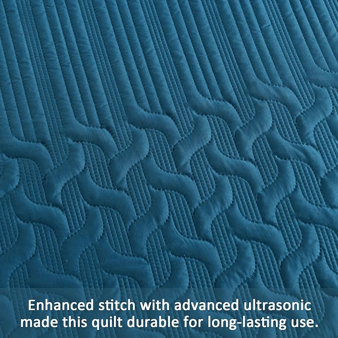 Yiran Teal Blue Quilt Set Queen Size Lightweight Bedspread Ultrasonic Wave Pattern Soft Microfiber Coverlet for All Season Modern Style 3 Piece Bed Cover Sets with 2 Pillow Shams (96"x90")