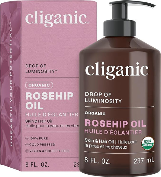 Cliganic Organic Rosehip Seed Oil for Face, 100% Pure | Natural Cold Pressed Unrefined Non-GMO | Carrier Oil for Skin, Hair & Nails (Packaging May Vary)