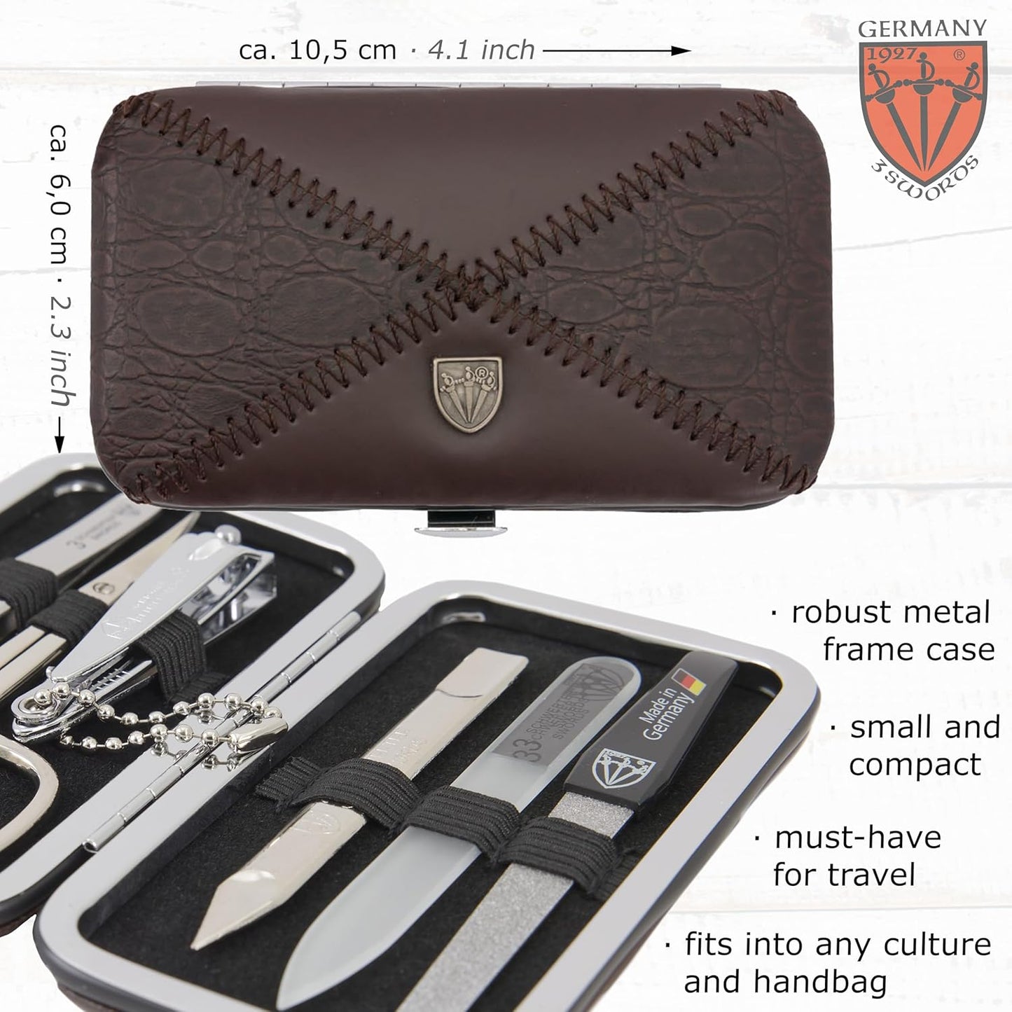 3 Swords Germany - Brand Quality 6 Piece Manicure Pedicure Grooming kit Set - Scissors, Metal and Glass Nail File, Clipper, Tweezers with Synthetic Leather case - Brown