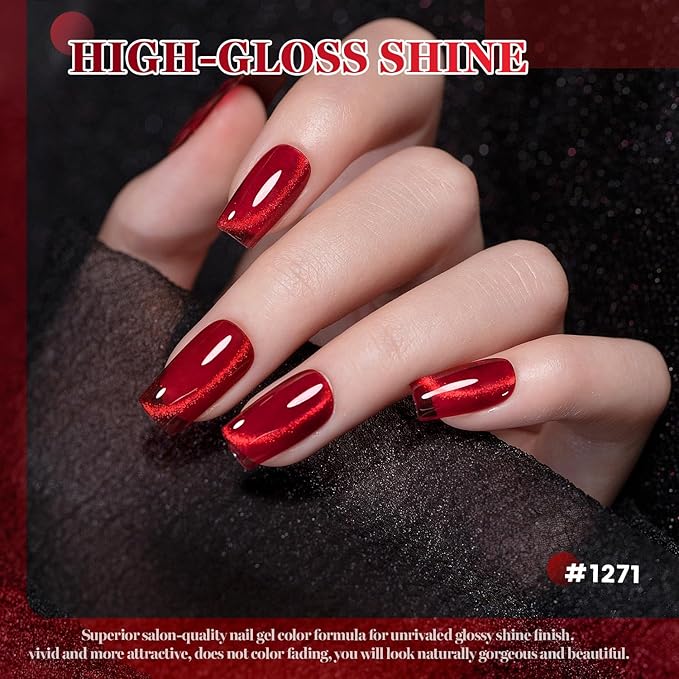 RARJSM Red Cat Eye Gel Nail Polish Set 6 Pcs Smoothie Ceramic Silver White Glitter Shimmer Burgundy Cherry Dark Wine Red Velvet Diamond Cateye Gel Polish with Magnetic Stick Soak off Curing Require