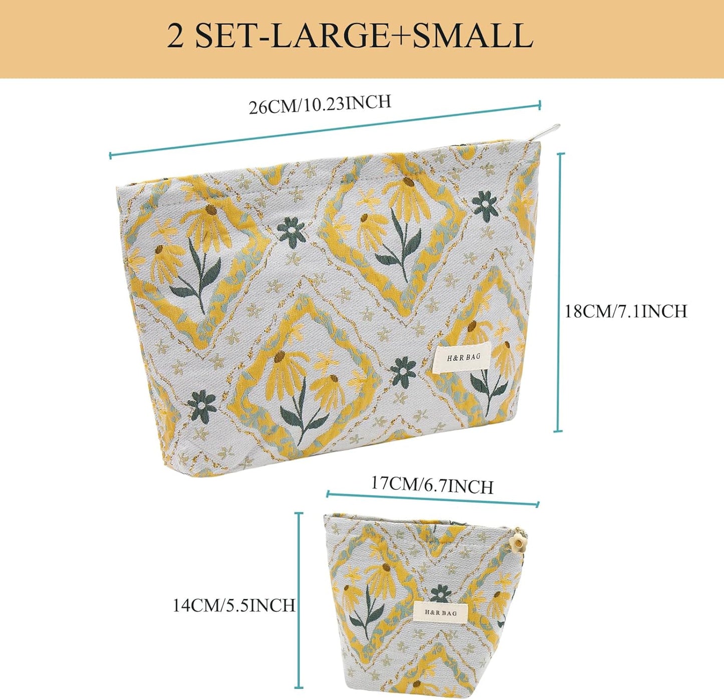 2 Pcs Makeup Bags, Large Cosmetic Bag Travel Toiletry Bag Organizer for Women, Embroidery Craft, Floral Makeup Bag Small Cosmetic Pouch Purse with Zipper Gifts for Girls Teen