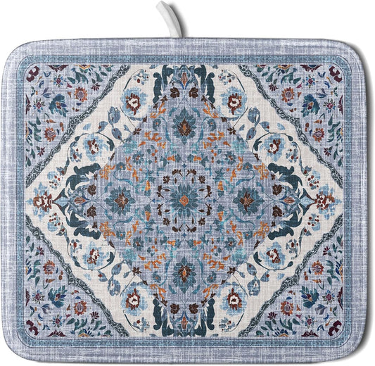 Boho Flower Dish Drying Mat Blue Bohemian Dishes Drainer Rack Mat 16x18 Inch Microfiber Kitchen Drying Pad for Countertop Tableware Decor