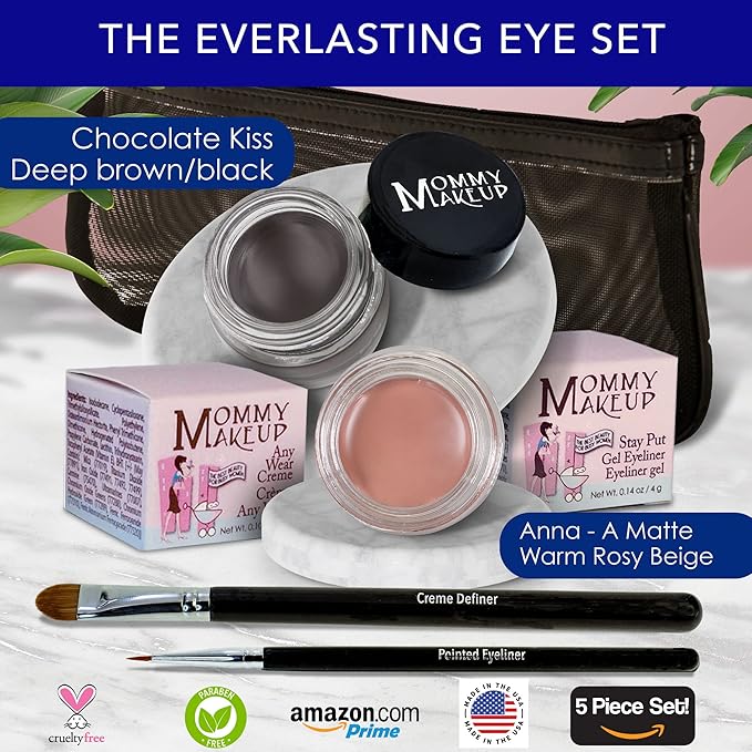 The Everlasting Eye 5 Piece Waterproof Makeup Set. Gel Eyeliner, Creme Eyeshadow, 2 brushes and Mesh Bag. Paraben-free, Talc-free, Cruelty-free. Anna/Chocolate Kiss 1202