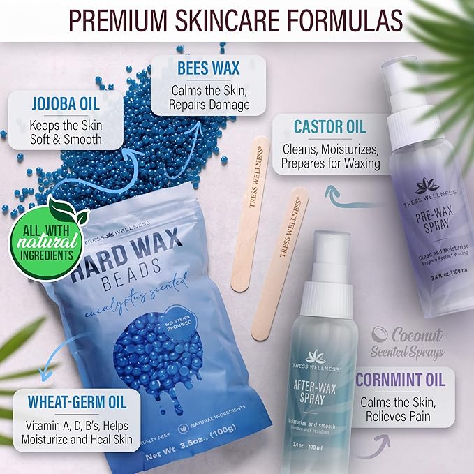 Tress Wellness Waxing Kit for Sensitive Skin – Safe for Face & Skin, Prep & Aftercare Spray, Easy to Use – At-Home Kit for Face, Bikini, Brazilian & Full Body - Digital Display, Pink