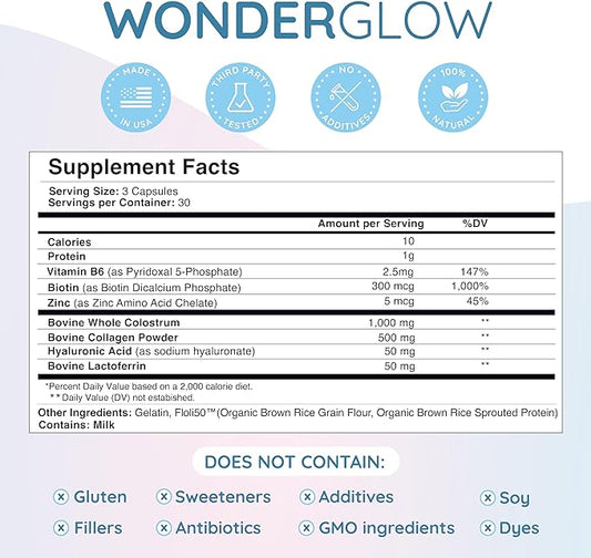 Hair Skin and Nails Vitamins w/Bovine Colostrum, Collagen, Hyaluronic Acid, Biotin, Zinc, & Lactoferrin┃Supports Faster Hair Growth, Stronger Nails and Glowing Skin (30 Servings, Capsule)
