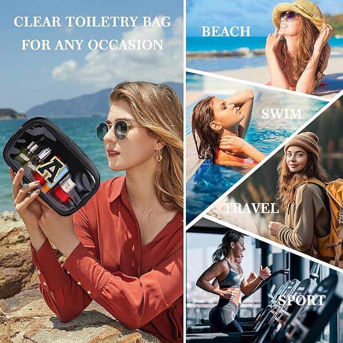 YOOLIFE Initial Make Up Bag Travel Toiletry Bag for Women, Clear Makeup Bag Organizer Cosmetic Bags Travel Essentials Gifts for Women Teen Girlfriend Teacher Mom Birthday Mothers Day Gifts Black I