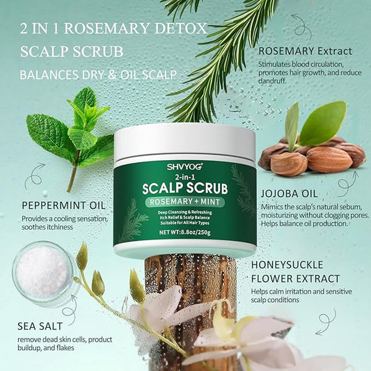 SHVYOG Scalp Scrub, Rosemary Exfoliator Scrub with Peppermint & Sea Salt, Anti-Dandruff Detox Clarifying Exfoliator Shampoo for Deep Scalp Cleanse with Scalp Massager
