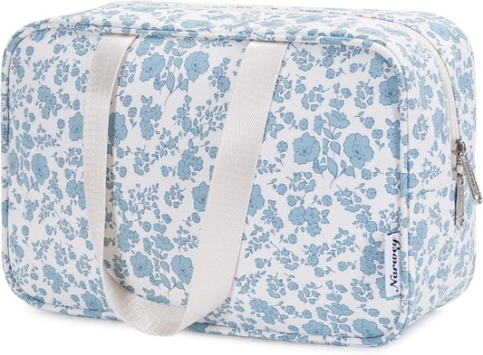 Narwey Full Size Toiletry Bag Women Large Cosmetic Bag Travel Floral Makeup Bag Organizer Medicine Bag for Toiletries Essentials Accessories (Little Blue Flower,Large)
