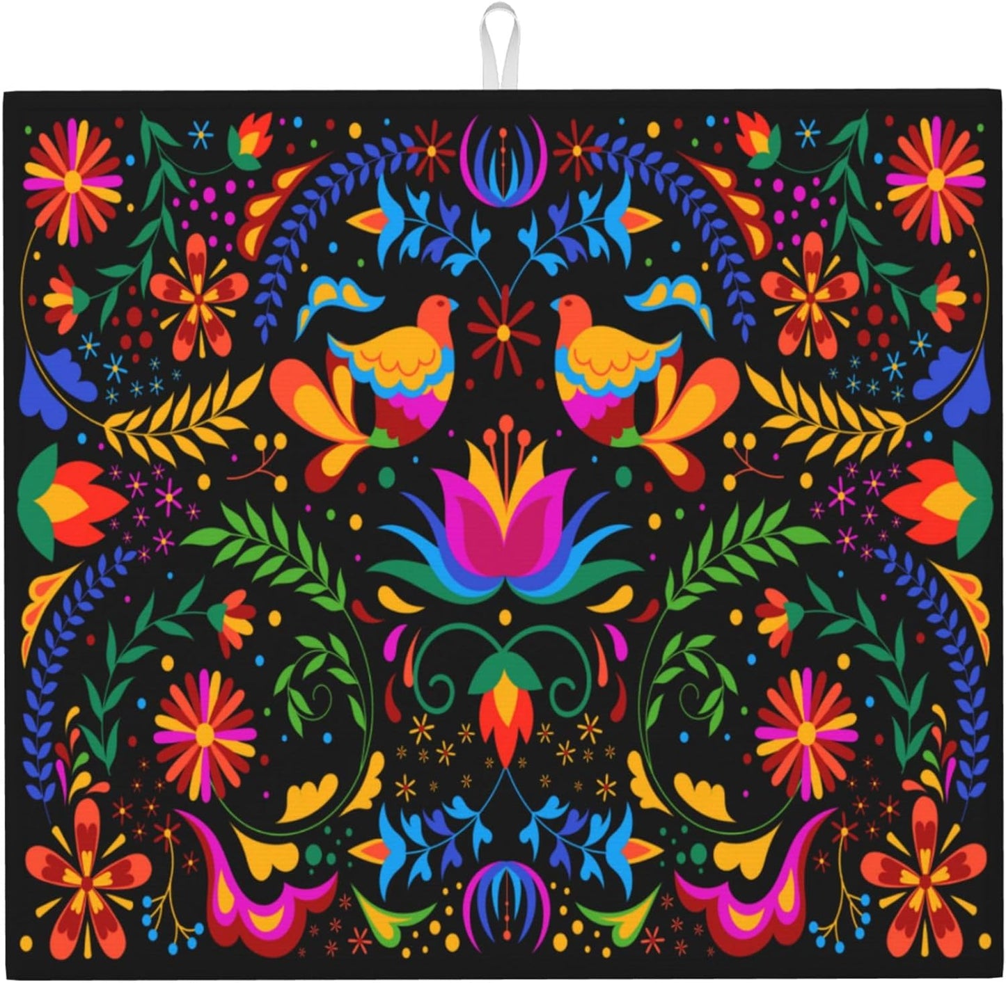 Mexican Dish Drying Mat for Kitchen Counter Mexican Flower Decorative Dish Drainer Rack Mats 16x18 Inch Absorbent Reversible Drying Pad Black